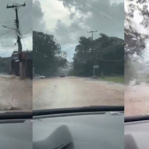 Motorista filma ruas tomadas por alagamento após chuva intensa em Chapada; veja vídeo