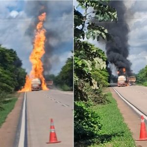 Carreta que transportava etanol pega fogo e interdita estrada após acidente em MT; vídeo