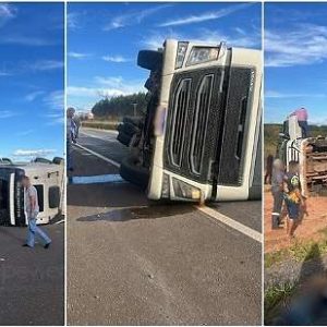 Dois caminhões tombam na BR-163 e motoristas são socorridos em Nova Mutum (MT)