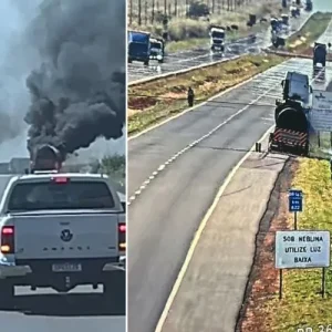 Carreta-tanque pega fogo e provoca bloqueio parcial da BR-163