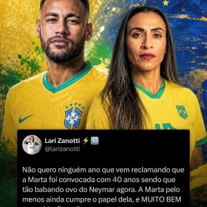 IH RAPAZ!  Torcedora pede igualdade nas convocações de Neymar e Marta.