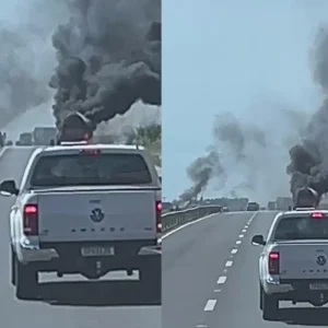 Carreta-tanque pega fogo na BR-163 em Nova Mutum