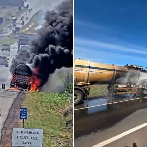 Incêndio atinge carreta-tanque em rodovia e assusta motoristas em MT; veja vídeo
