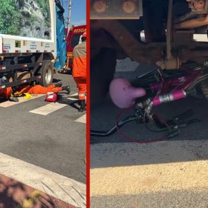 Adolescente fica presa embaixo de caminhão após bicicleta perder freio