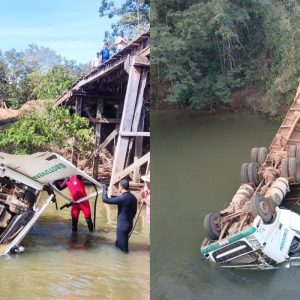 Trabalhador morre após carreta que transportava gado cair de ponte em