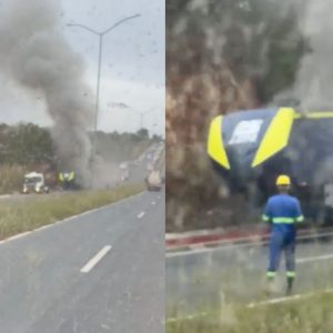 Motorhome pega fogo às margens de rodovia em Cuiabá; veja vídeo