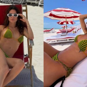 Thaila Ayala posa de biquíni de crochê verde e amarelo e exibe tattoo íntima
