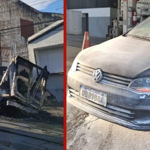 VÍDEO: caminhonete pega fogo perto de posto de combustível e incendeia pneu de outro carro em Cuiabá
