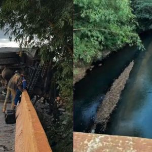 Caminhão com piche tomba em rio e compromete abastecimento de água