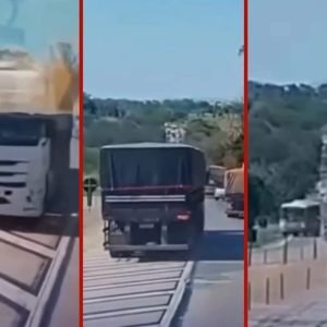 VÍDEO: carreta sem freio quase bate de frente com ônibus em MT