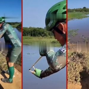 Ciclistas jogam pedras com estilingue em jacarés no Pantanal de MT
