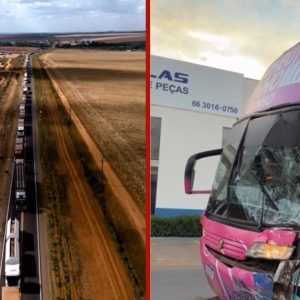 VÍDEO: drone mostra engarrafamento na MT-130 após acidente com ônibus de cantor