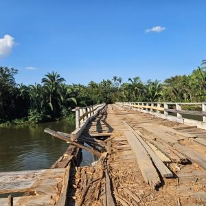 Famílias de assentamento em MT se arriscam em ponte de madeira