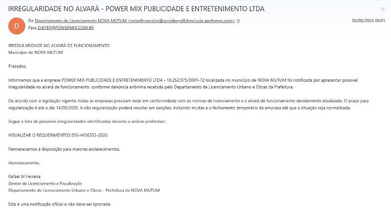Site Power Mix recebe falsa notificação atribuída à Prefeitura de Nova Mutum