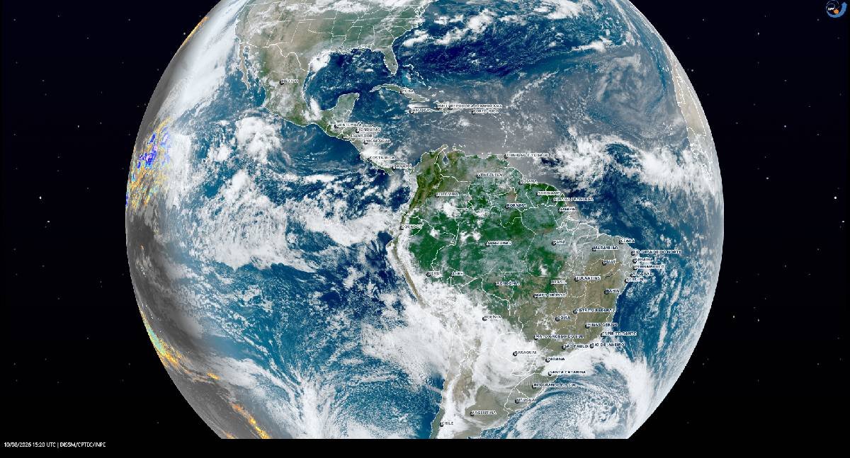 Imagem de satélite mostra nebulosidade sobre Rondônia nesta segunda-feira
