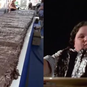 Confeiteira faz bolo de duas toneladas acompanhado de 600 litros de calda de chocolate inspirado no filme “Matilda”