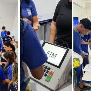 Adolescentes que votarão pela primeira vez fazem simulação de voto na urna eletrônica — Tribunal Regional Eleitoral de Mato Grosso
