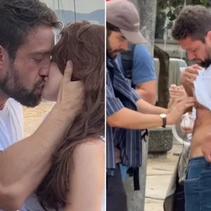 Rafael Cardoso volta aos trabalhos e dá beijão em atriz após reabilitação