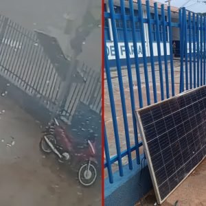 Temporal derruba estrutura com placas solares próxima à escola e atinge fiação em MT; vídeo