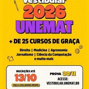 ÚLTIMOS DIAS PARA SE INSCREVER NO VESTIBULAR DA UNEMAT  

A Universidade do Esta…