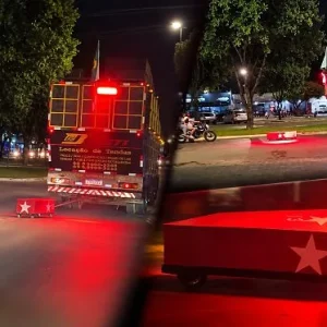 Caminhão com caixão vermelho e marcha fúnebre chama atenção de moradores em Nova Mutum