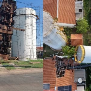 VÍDEO: caminhão fica de 'cabeça para baixo' durante reforma em condomínio de Cuiabá