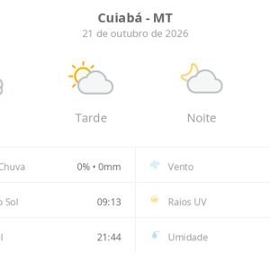 Previsão do tempo hoje para Cuiabá (MT): dia de sol com algumas nuvens e névoa ao amanhecer; noite com poucas nuvens