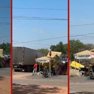 ‘Efeito dominó’: caminhão arrasta fios e derruba bancas em Cuiabá